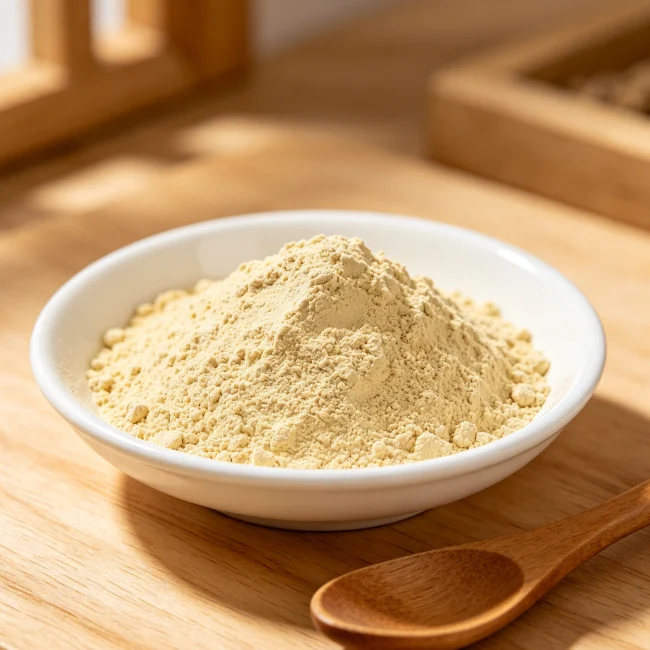 White ceramic bowl filled with light yellow Panax notoginseng powder, with a wooden spoon beside it