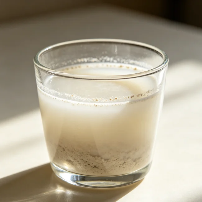 Panax notoginseng powder water in a transparent glass showing a milky white cloudy appearance