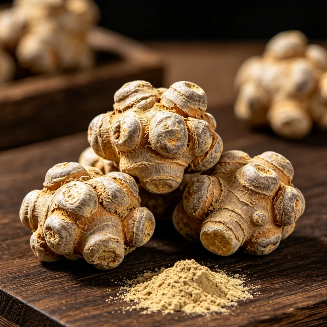 Several whole three-year-old Panax notoginseng rhizomes placed on a wooden table