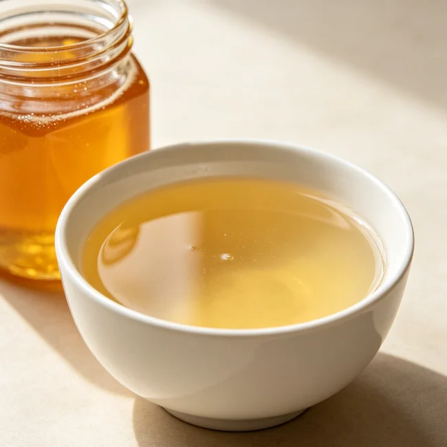 A bowl of Panax notoginseng powder with honey water, with a honey jar beside it