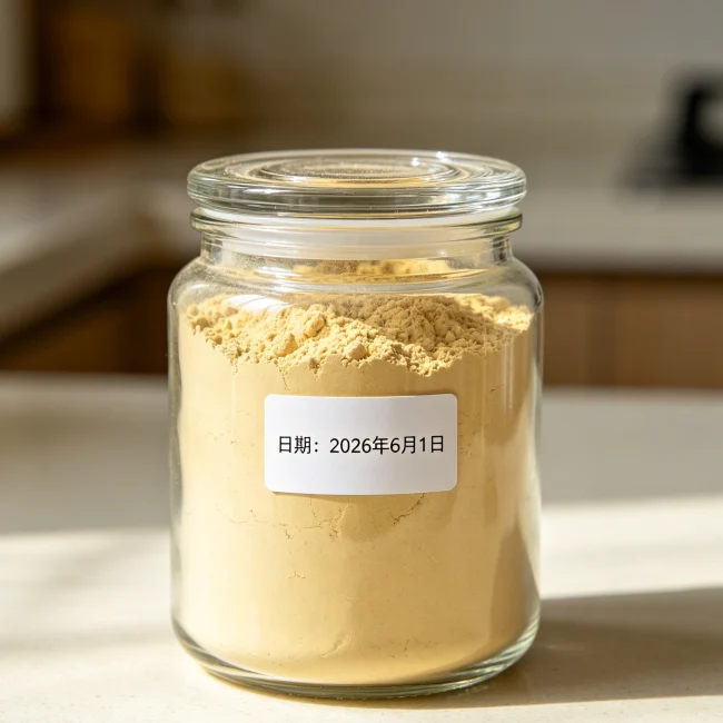 Sealed glass jar containing Panax notoginseng powder, with a label indicating the date
