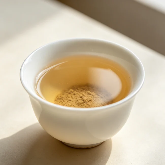 白色瓷杯裡泡好的三七粉水