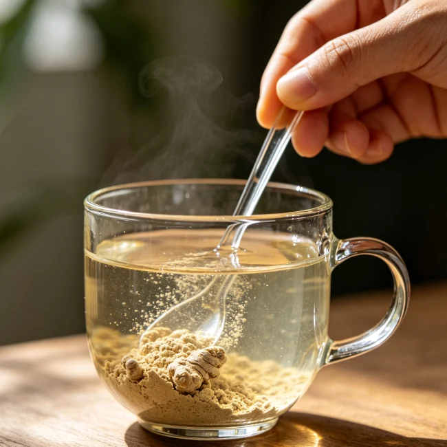 玻璃杯裡用溫水攪拌三七粉的過程