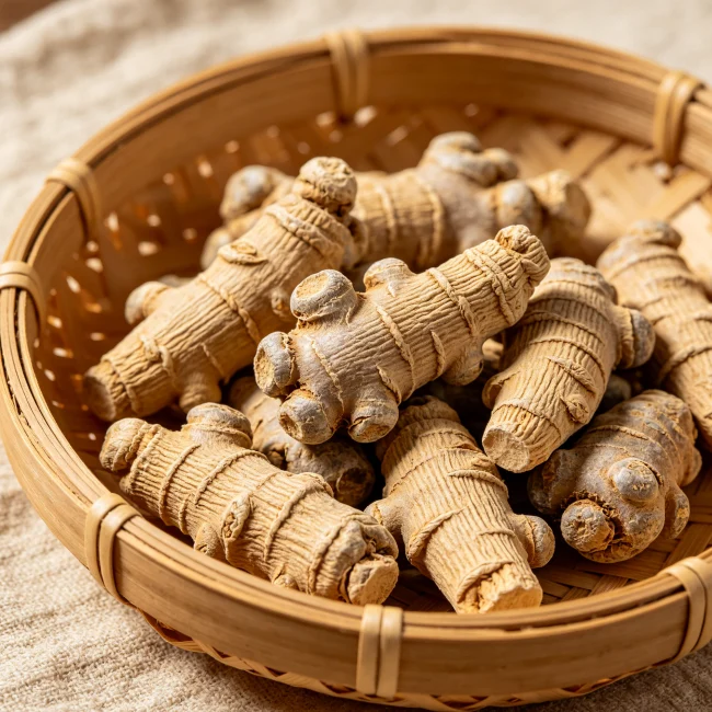 乾燥的三七根莖放在竹編籃子裡，表面有細紋