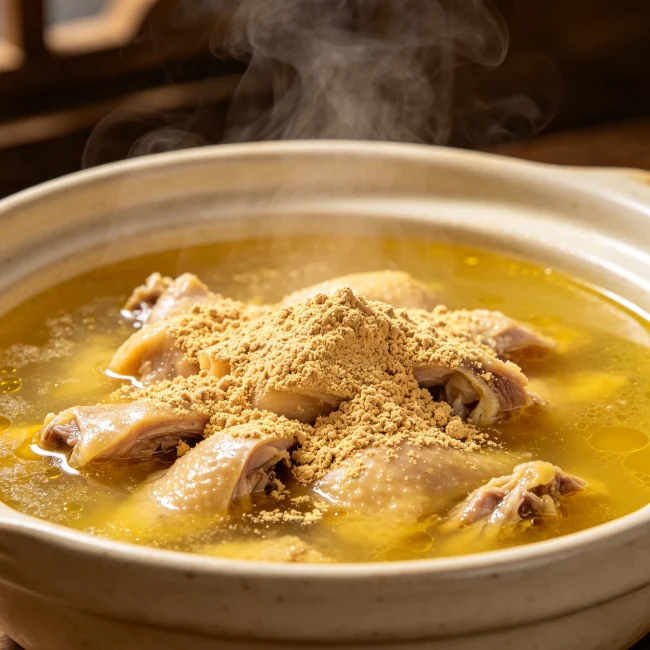 一碗熱氣騰騰的雞湯，表面撒著一些三七粉