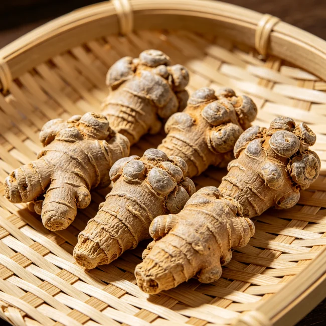 数个干燥三七根茎整齐排列在竹盘上
