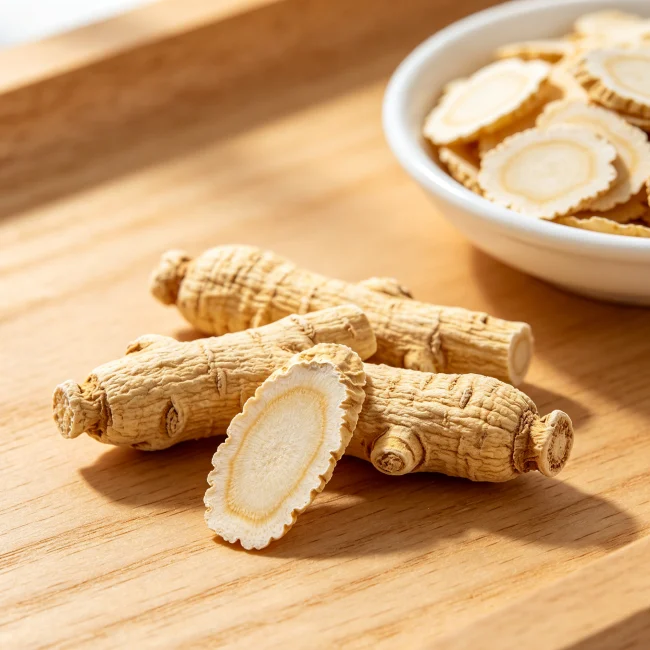 A few slices of American ginseng on a wooden table with a small bowl of ginseng slices close-up