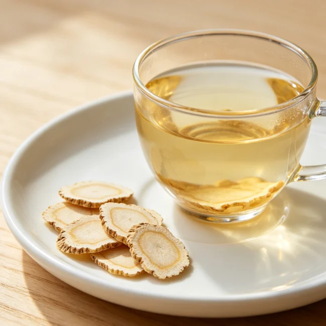 A few slices of American ginseng on a white plate next to a cup of brewed ginseng tea