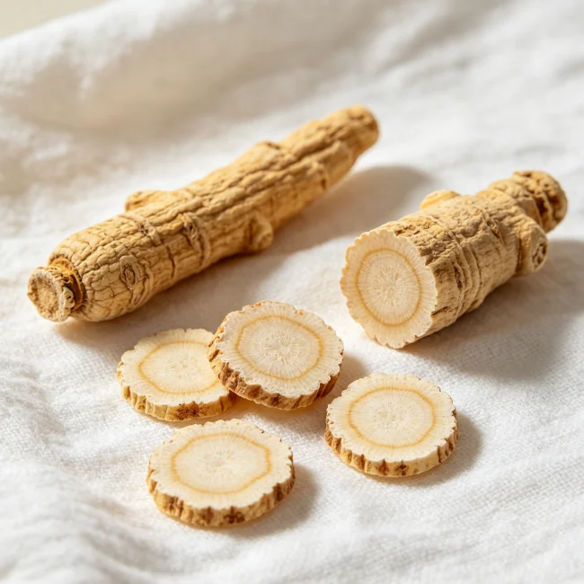 Cross-sections of American ginseng from different origins compared on a white cloth