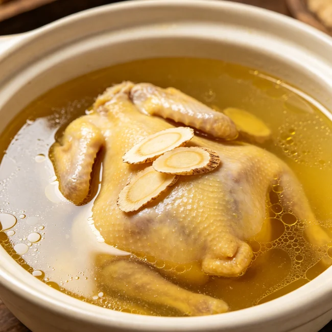 Chicken soup simmering in a ceramic pot with a few slices of American ginseng floating on the surface