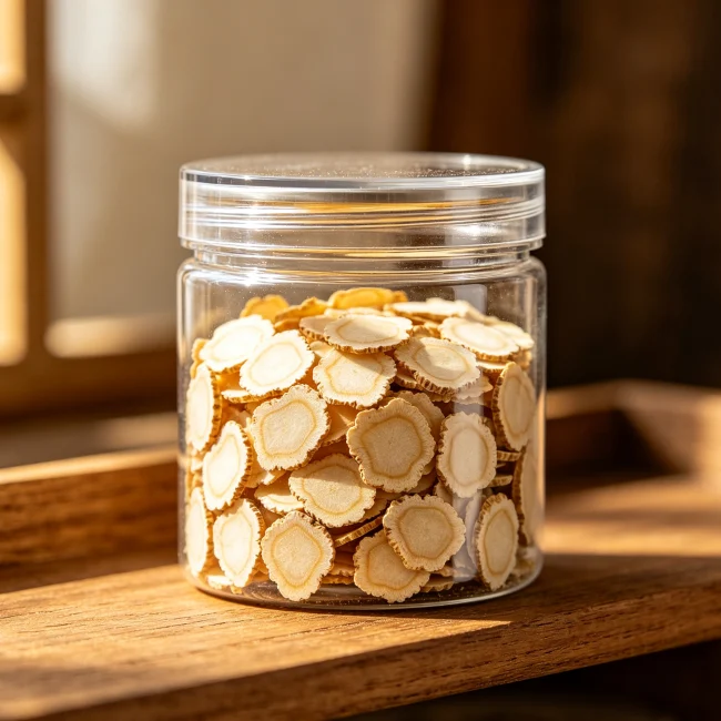 Glass airtight jar containing American ginseng slices placed on a wooden shelf
