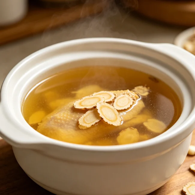 一個白色陶瓷燉鍋裡裝著雞湯，湯面上漂浮著幾片西洋參