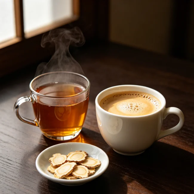 一杯熱茶和一杯咖啡放在桌上,旁邊有西洋參片