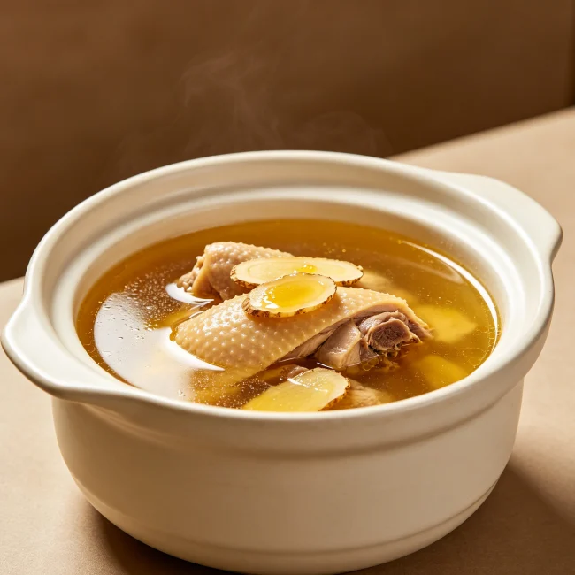 陶瓷燉盅裡盛著西洋參雞湯,湯色金黃