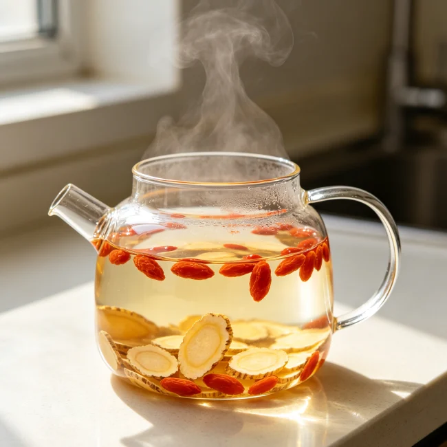 透明茶壺裡西洋參枸杞水冒著熱氣