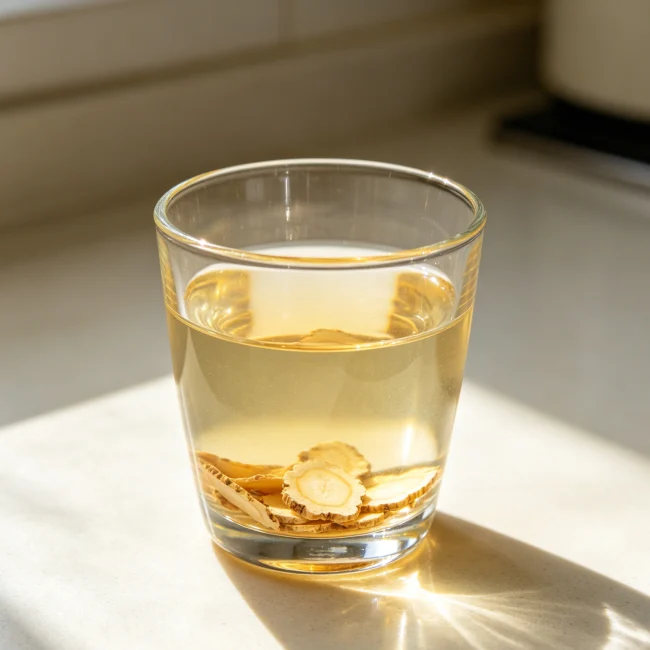 透明玻璃杯中的西洋參水呈現淡黃色