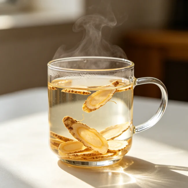 一個透明的玻璃杯中泡著西洋參片和熱水