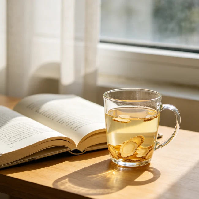 一本翻開的書旁放著一杯西洋參茶