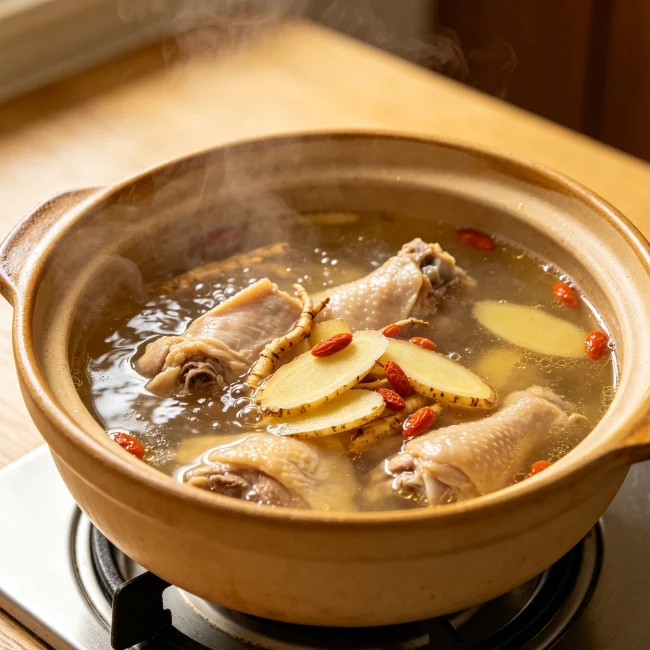 一個砂鍋裡正在煮西洋參雞湯