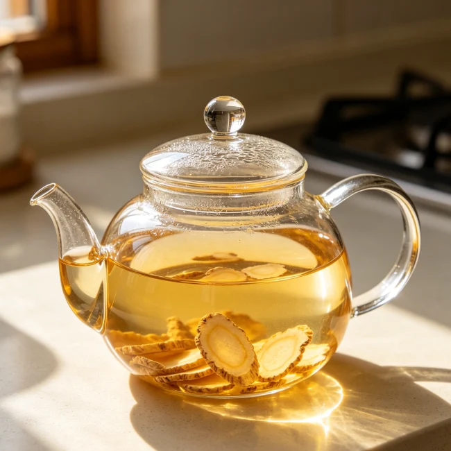 玻璃茶壺裡泡著金黃色的西洋參茶